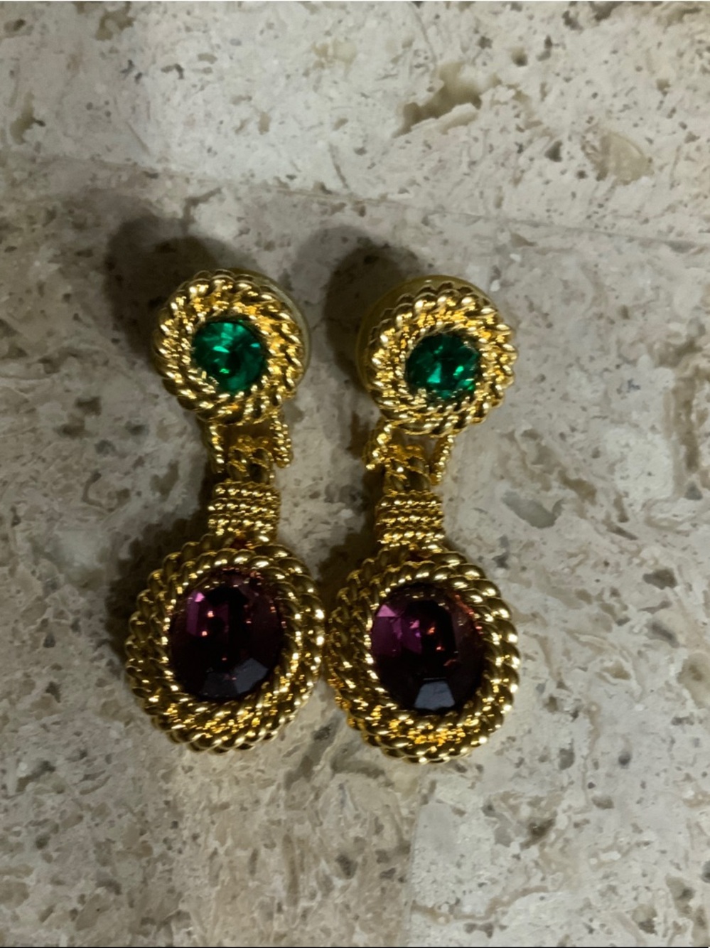 Gold-Tone Drop Earrings with Green and Purple Stones